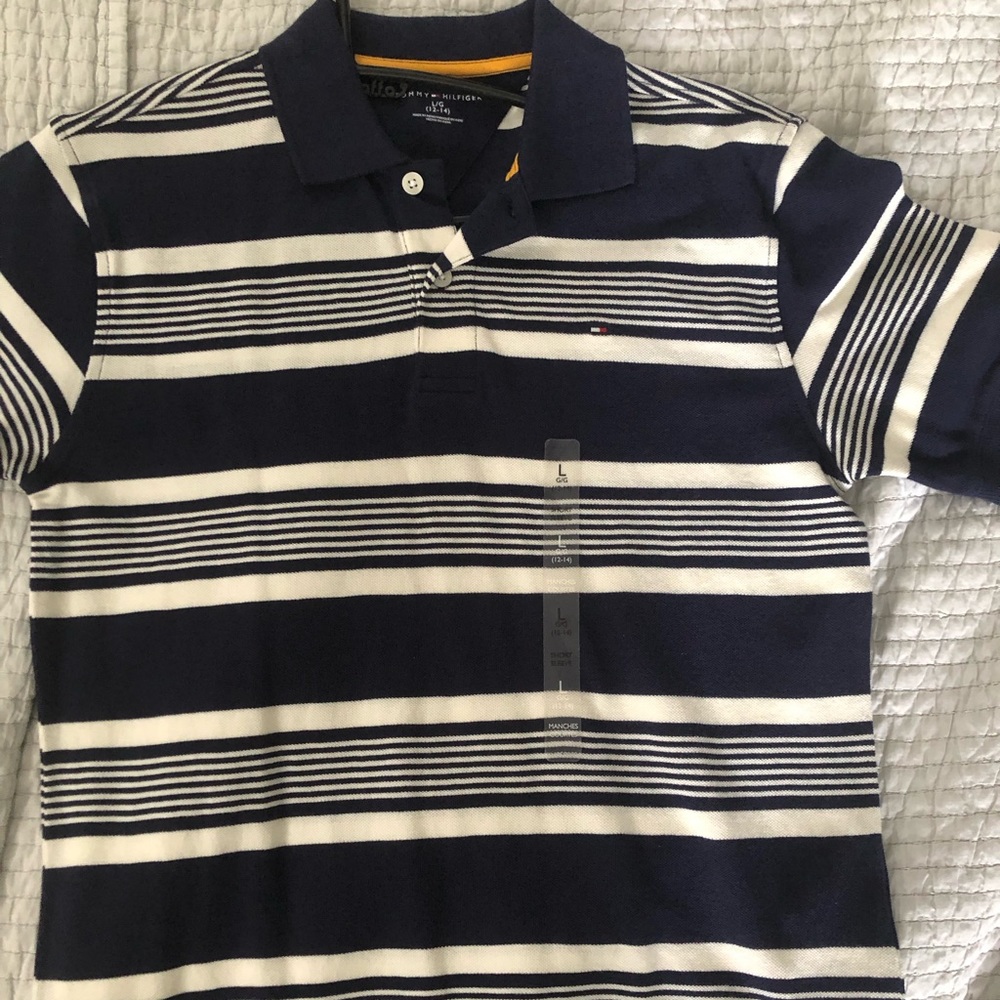 NWT boys Tommy Hilfiger short sleeve polo in navy and white stripe.
